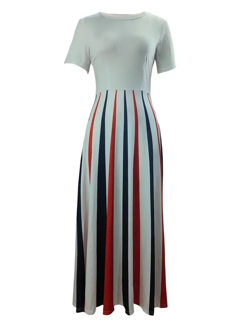 Short Sleeve Color Block Crew Neck A-line Dress for Spring & Summer, Casual Women's Clothing