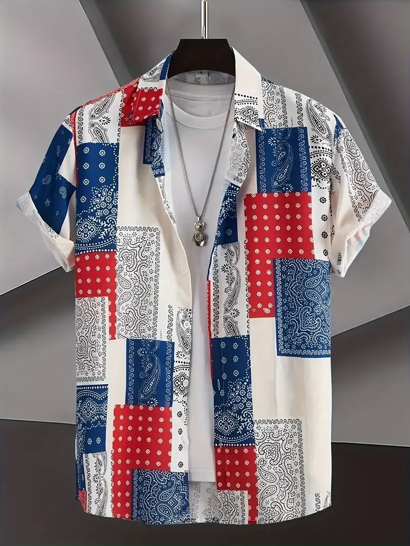 Geometric Patterned Men's Casual Shirt in Red, White, and Blue - Perfect for Summer