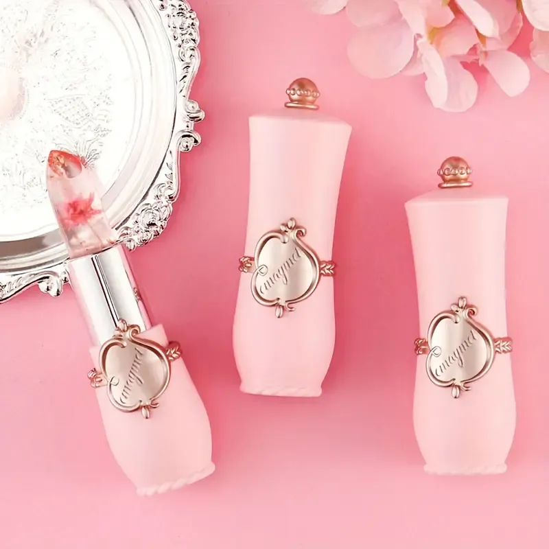 emaymei Transparent Jelly Change Lipstick: 6-Piece Set with Crystal Golden Foil, Flower Petals, and Shimmering Pink Hues