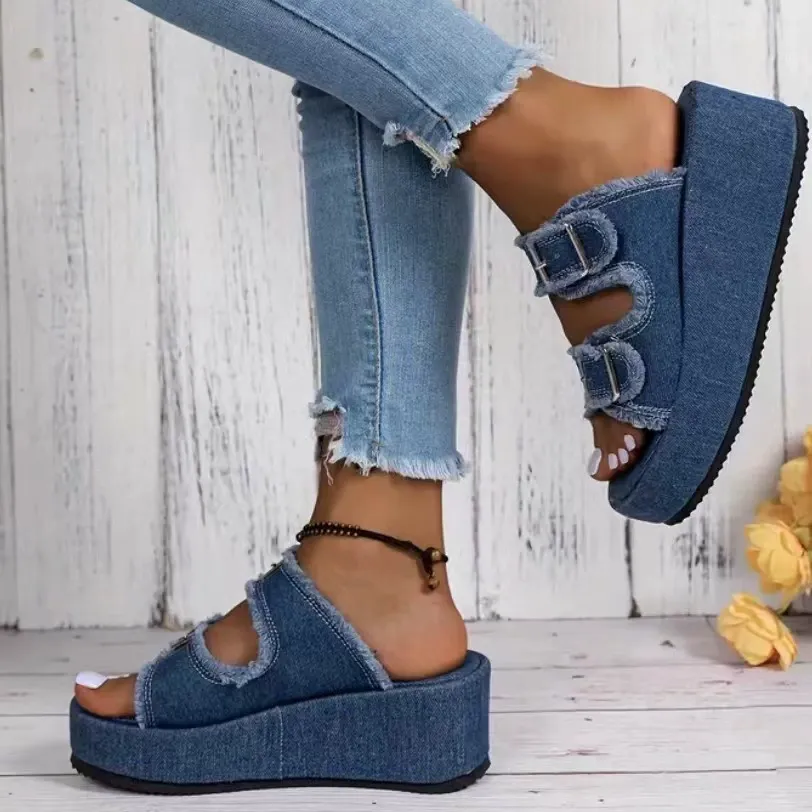 women's denim slip-on slippers with belt buckle