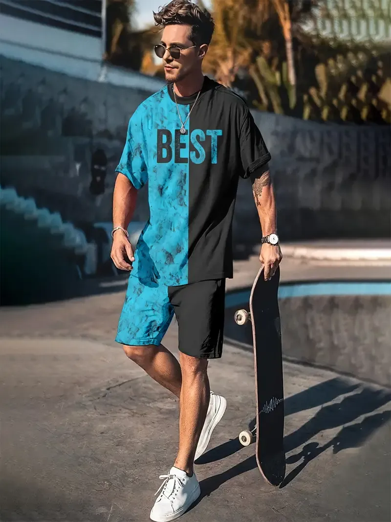 Men's Funny Cup Pattern Graphic Print T-shirt & Shorts Set For Summer, Contrast Color 2Pcs Outfits