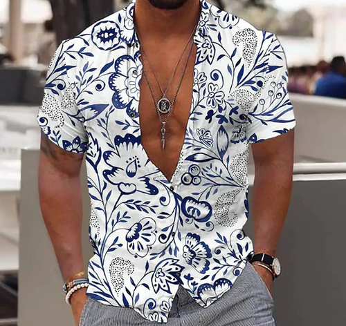 Men's Beach 3D Printed Shirt Personalized Trendy Hawaiian Leaf Flower Versatile Top