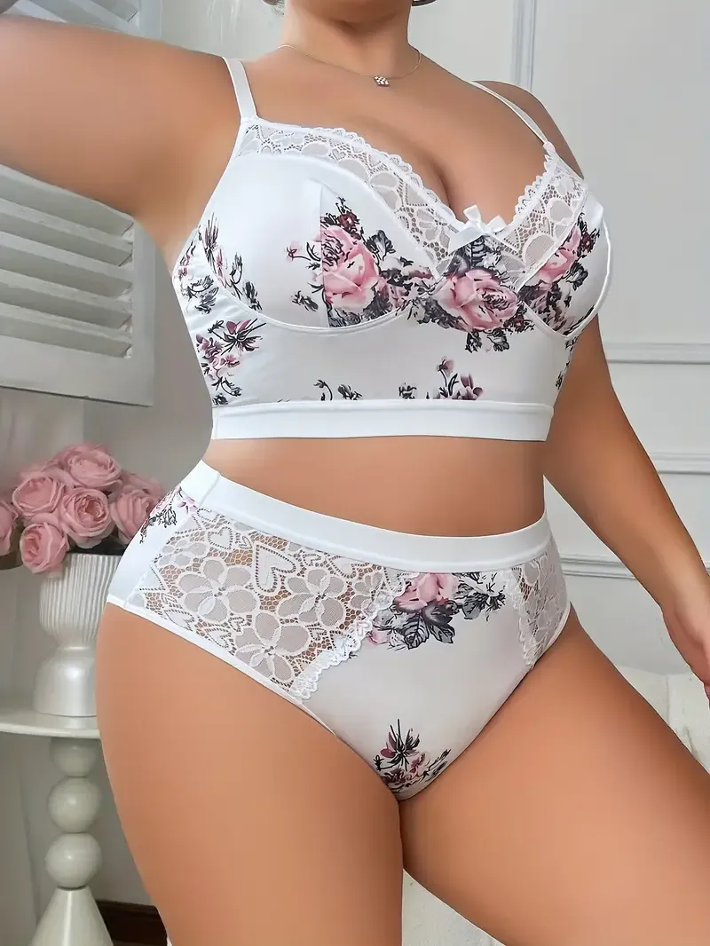 Plus Size Sexy Lingerie Set, Women's Bow Decor Floral Print Contrast Lace Bra & Panty Lingerie 2 Piece Set