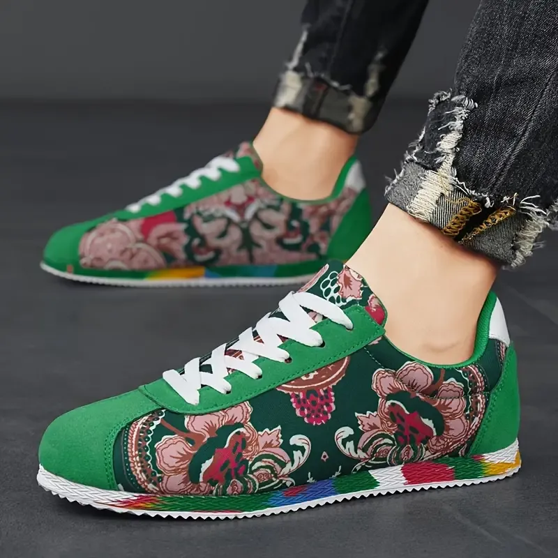 Men's Ethnic Style Floral Pattern Sneakers, Comfy Non Slip Durable Lace Up Vintage Shoes, Men's Footwear