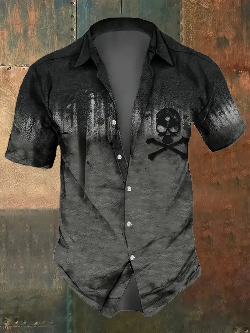 Men's Casual Skull Print Shirt - Short Sleeve, Button-Up, Polyester Blend for Summer Parties & Casual Attire