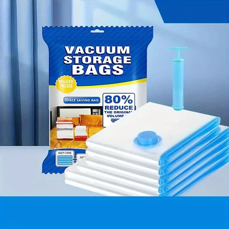 8pcs Vacuum Storage Bag With 1 Hand Pump, Portable Plastic Travel Bag Clothes Storage Bag, For Blankets, Bedding, Clothes, Quilts, Duvets, Ideal Home Supplies, Storage Essentials Space Saver Bags