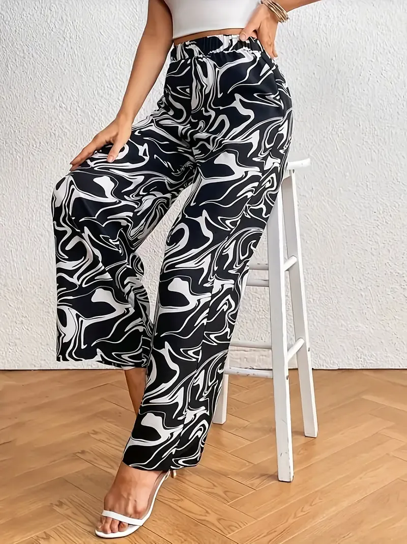 Marble Print Wide Leg Pants, Casual High Waist Loose Pants, Women's Clothing