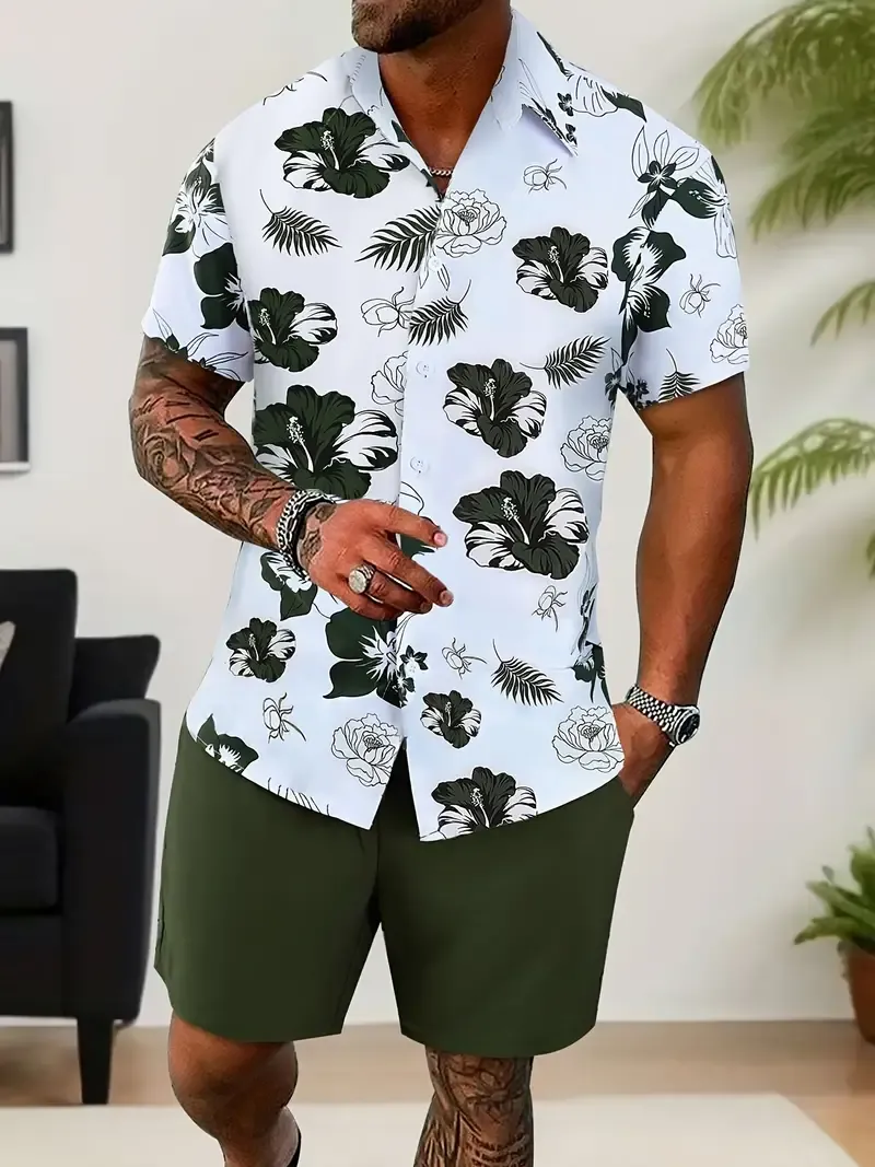 Men's Trendy Casual Comfy Tees & Shorts, Leaves Print Lapel Short Sleeve T-shirt & Loose Shorts With Drawstring Pockets Home Pajamas Sets, Casual Sets For Summer
