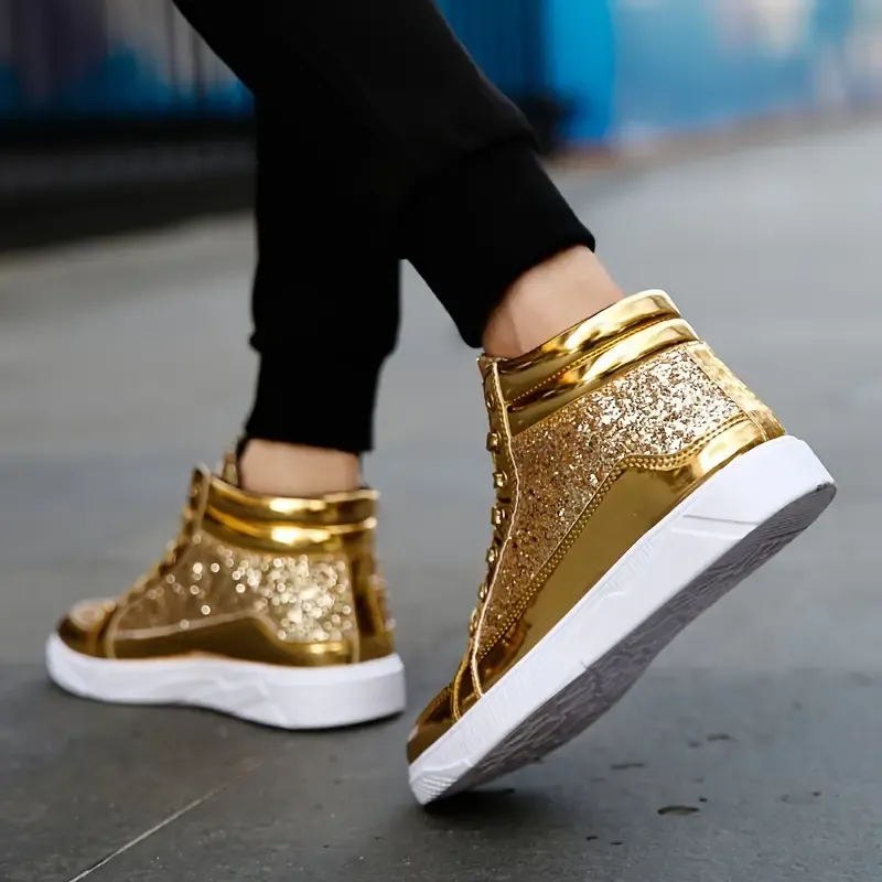 Men's Faux Patent Leather High Top Skate Shoes, Comfy Non Slip Street Style Sneakers For Men's Outdoor Activities