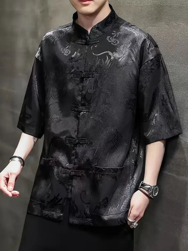 Chinese Style Dragon Print Stand Collar Short Sleeve Frog Button Up Tang Suit Shirt For Men, Lightweight And Breathable Top For Summer Daily Outerwear