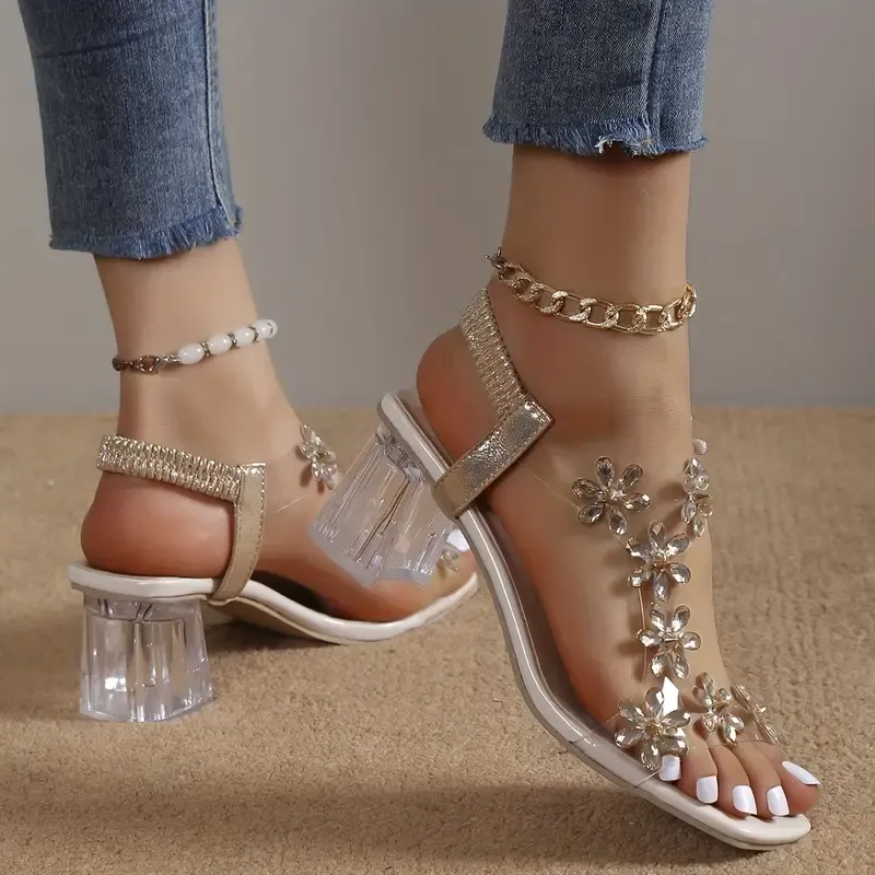 Women's Flower Rhinestone Block Heel Sandals, Fashion Square Open Toe Elastic Strap Slip On High Heels, Versatile Sandals