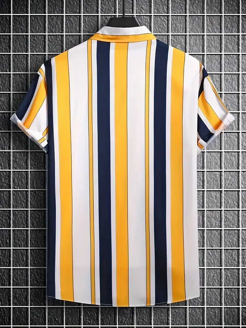 Striped Print Men's Summer Fashionable And Simple Short Sleeve Button Casual Lapel Shirt, Trendy And Versatile, Suitable For Dates, Beach Holiday, As Gifts