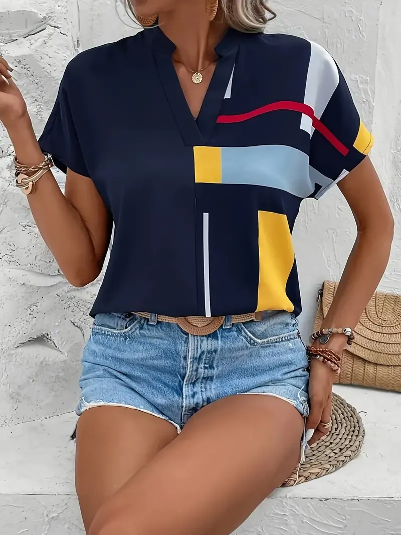 Color Block Notch Neck Blouse, Casual Short Sleeve Blouse For Spring & Summer, Women's Clothing