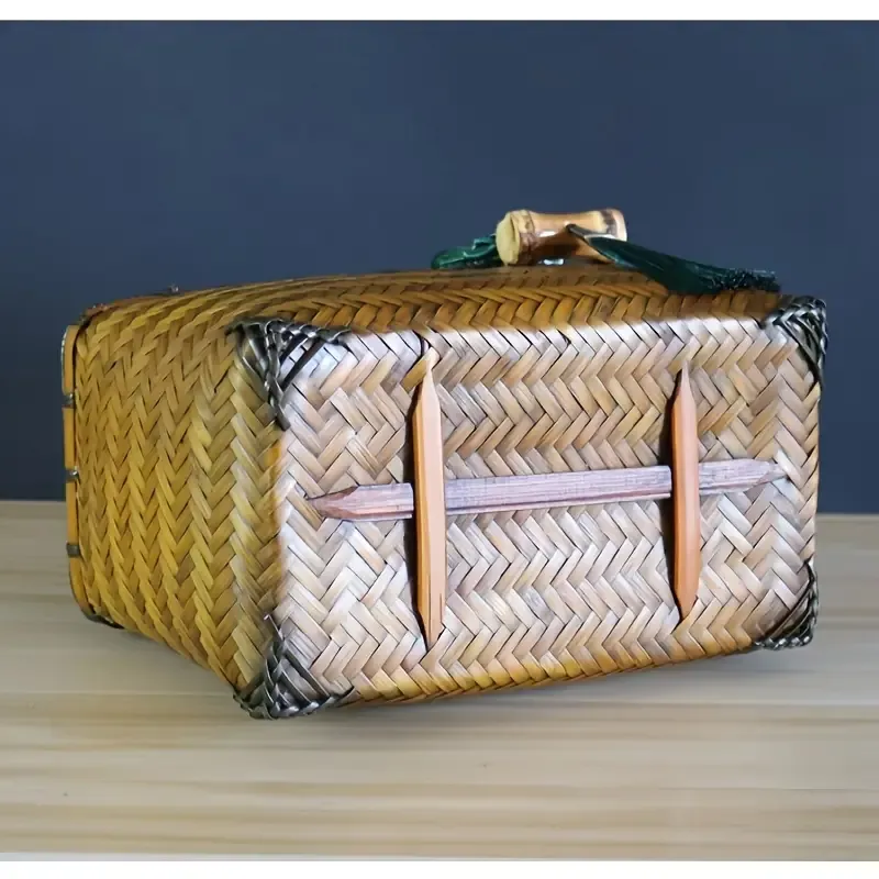 Chic Blue Plaid Handwoven Bamboo Tote - Durable, High-Quality Cotton Lining with Drawstring Closure for Women