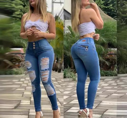 Plus Size Women's Faux Denim Print High-Waist Leggings - Stretchy, Casual & Sporty Skinny Pants with Fake Pockets