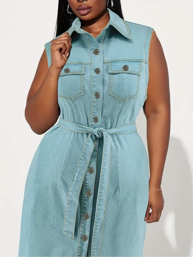 breasted Sleeveless Maxi Denim Dress