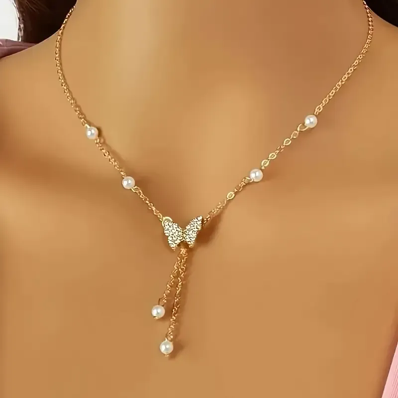 1pc Bling Bling Elegant Style Artificial Pearl Butterfly Pendant Necklace Collarbone Chain Suitable For Women Banquet Accessories