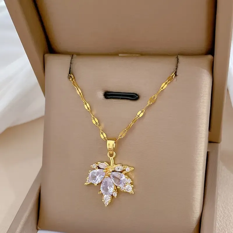 1 Pair Zirconia Inlaid Copper Jewelry Set: Stud Earrings + 1 Pc Necklace with Golden Maple Leaf Design, Vintage Elegant Style, Trendy Female Gift