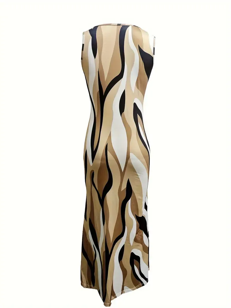 Patchwork Print Crew Neck Tank Dress, Casual Sleeveless Maxi Dress For Spring & Summer, Women's Clothing