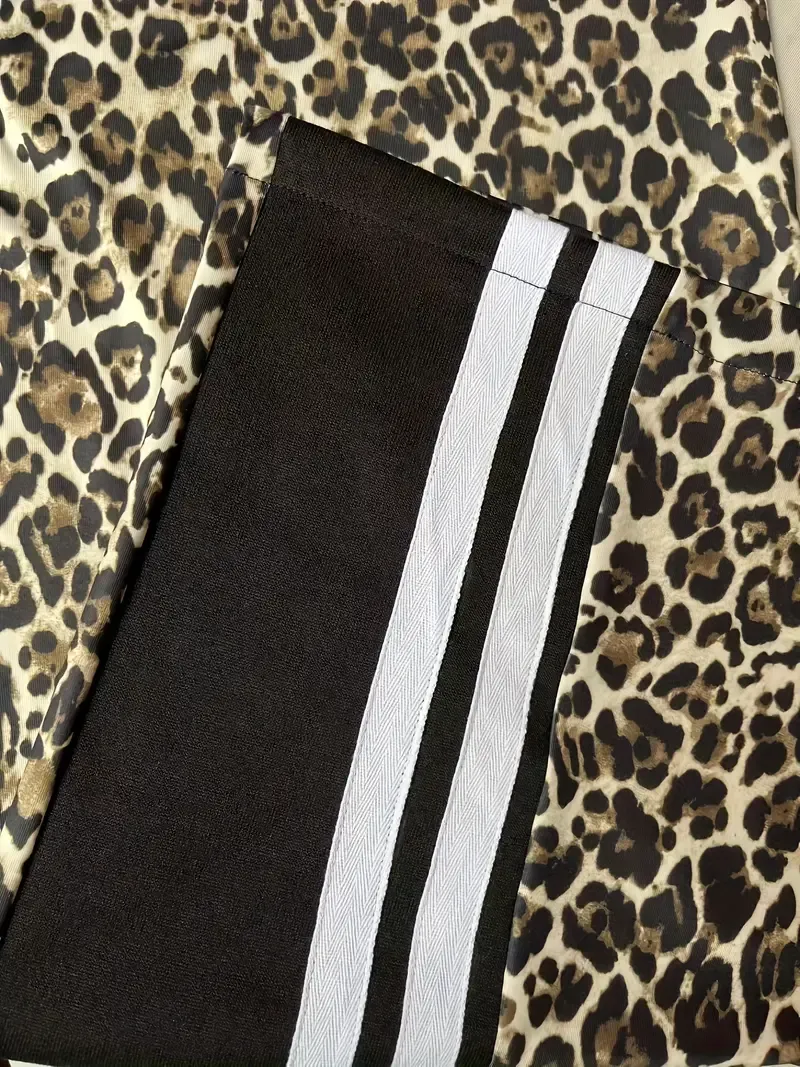 Women's Fleece-Lined Leopard Print Color Block Casual Pants - High Waist, Drawstring Wide Leg with Pockets