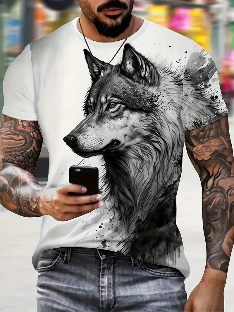 Anime Cool Wolf Digital Print Men's Fashion Short Sleeve Crew Neck T-shirt, Summer Outdoor, As Gifts