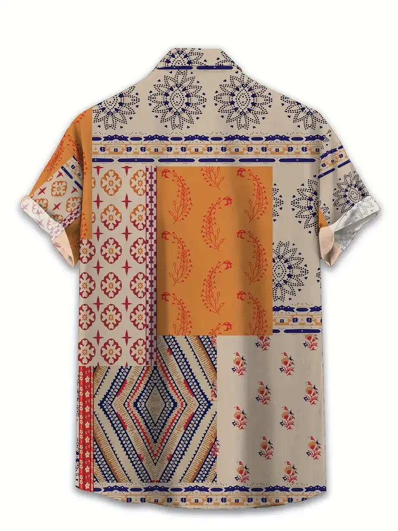 Vintage Casual Men's Patchwork Print Shirt - Plus Size, Adult, Men's, Spring Summer Autumn, Polyester, No Stretch, Regular Fit, Button Closure, Front Placket, Printed, Full Print, Serged, Polyester Fabric, Adult Men, No Stretch, Regular Fit, Button Closure, Front Placket, Printed, Full Print, Serged, Polyester Fabric