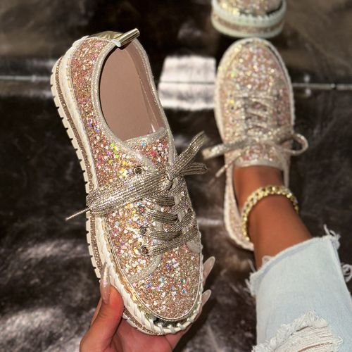 Women's New Arrival Korean-Style Platform Loafers with Rhinestones Sequined Slip-On Sneakers with Lace-Up Thick Soles Casual Athletic Footwear