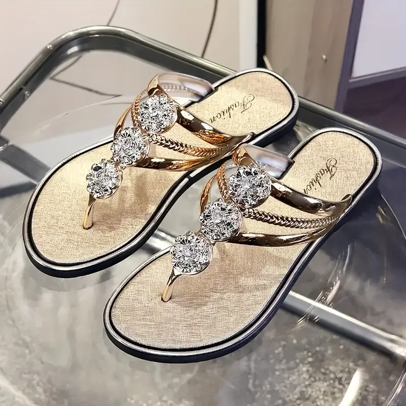 Women's Flower Rhinestone Flip Flops, Fashion Clip Toe Summer Flat Slide Shoes, Casual Outdoor Beach Slides
