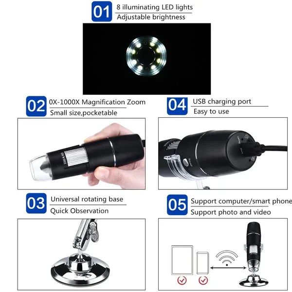 Portable Microscope Connected To A Mobile MagnificationPhone 50x-1600x