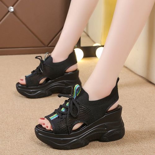 Women's Fashion Knitted Wedge Sandals, Casual Peep Toe Lace Up Platform Shoes, Versatile Summer Outdoor Sandals