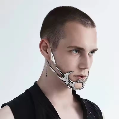 Unisex Hip Hop Women Mechanical Alien Fluid Face Earring Ornament Men Gothic Metal Mask