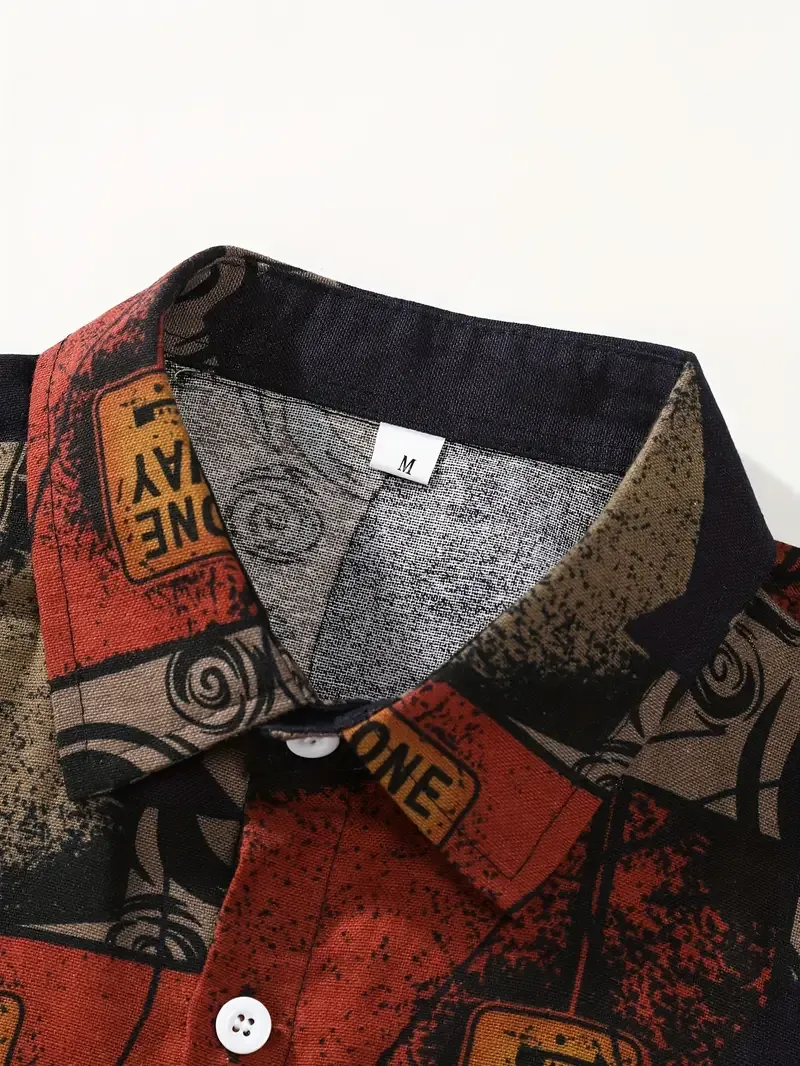 Men's Stylish Loose Cotton Blend Geometric Print Shirt, Casual Breathable Lapel Button Up Short Sleeve Shirt For Summer Outdoor Activities