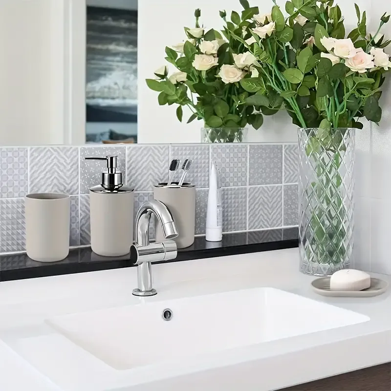 6pcs Bathroom Accessories Set, Including Soap Dispenser, Toothbrush Holder, Toothbrush Cup, Soap Dish, Toilet Brush, Trash Can Gift For Decorating Countertop And Housewarming Joy, Beige Halloween Christmas Gift!