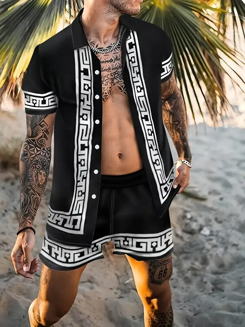 2-piece Men's Short Sleeve Stylish Pattern Outfit Set, Lapel Shirt & Color Block Shorts for Summer Beach Vacation