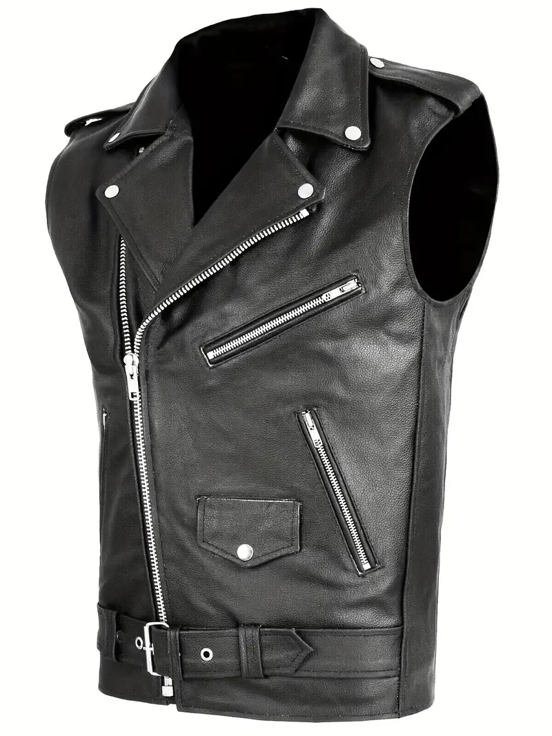 Men's Punk Biker Vest With Zipper And Belt Detail, Sleeveless PU Leather And Polyester Turn Down Collar Waistcoat, Hand Wash Or Dry Clean - All Seasons Cool Street Style Vest