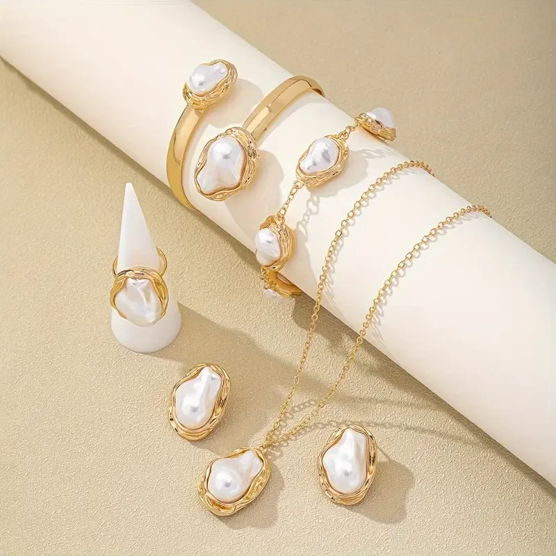 Fashion European and American Style Jewelry Set Irregular Imitation Pearl Necklace Earrings Bracelet Ring Bracelet Combination Jewelry Set Women's Romantic Jewelry Gift