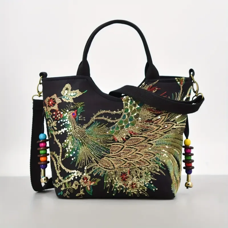 Women's Embroidered Satchel Bag, Fashion Double Handle Purse, Retro Style Handbag With Removable Strap