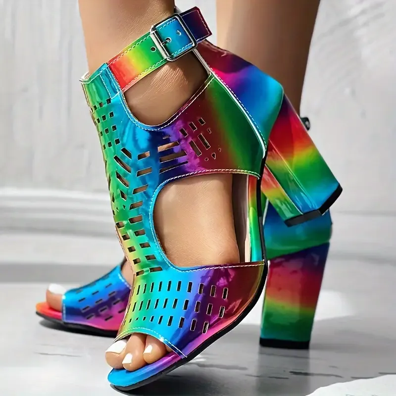 Women's Colorful Cut-Out Peep Toe Chunky Heels With Buckle, Fashion Rainbow High Heels Sandals, Side Zipper Block Heel Party Shoes