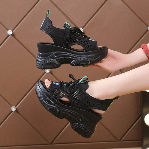 Women's Fashion Knitted Wedge Sandals, Casual Peep Toe Lace Up Platform Shoes, Versatile Summer Outdoor Sandals