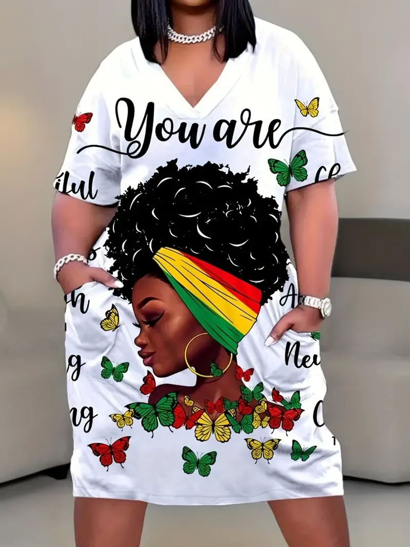 Graphic & Letter Print Dress, Casual V Neck Short Sleeve Dress, Women's Plus Size Clothing