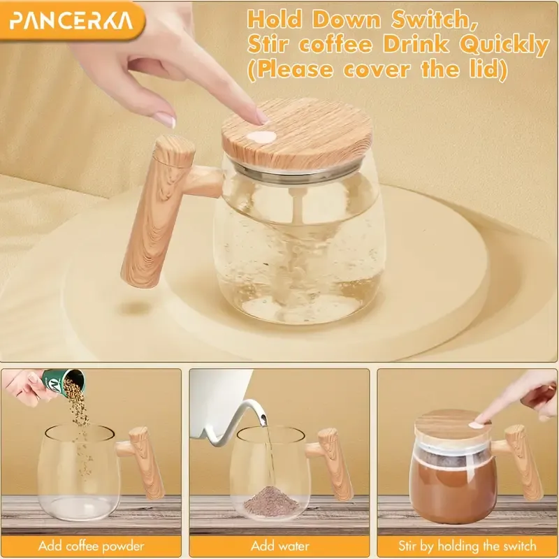 1pc, Electric Self-Stirring Coffee Mug, Glass Coffee Mug With Reusable Filter, Portable And Lightweight Coffee Mug With Leak-Proof Lid, Ideal For Home, Office, And Travel, One-Button Operation, Household Gadgets