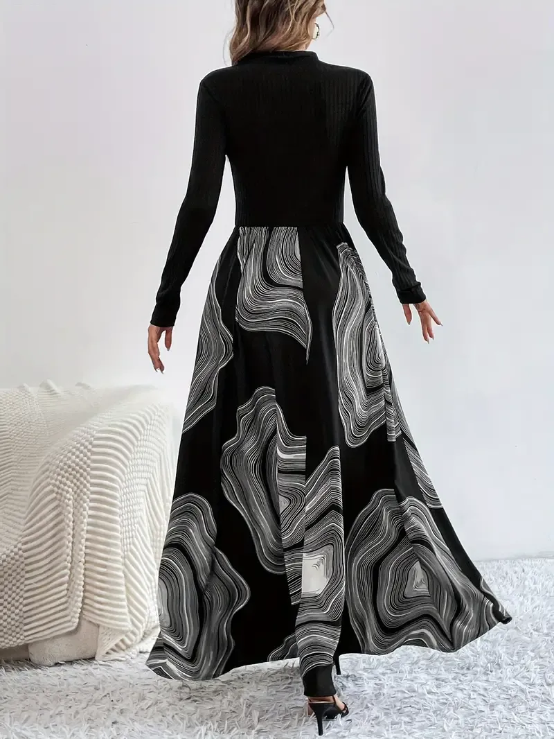 Elegant High-Top Printed Long-Sleeve Dress with Geometric Pattern And Round Neck for Adults, Polyester Fabric with Pleats