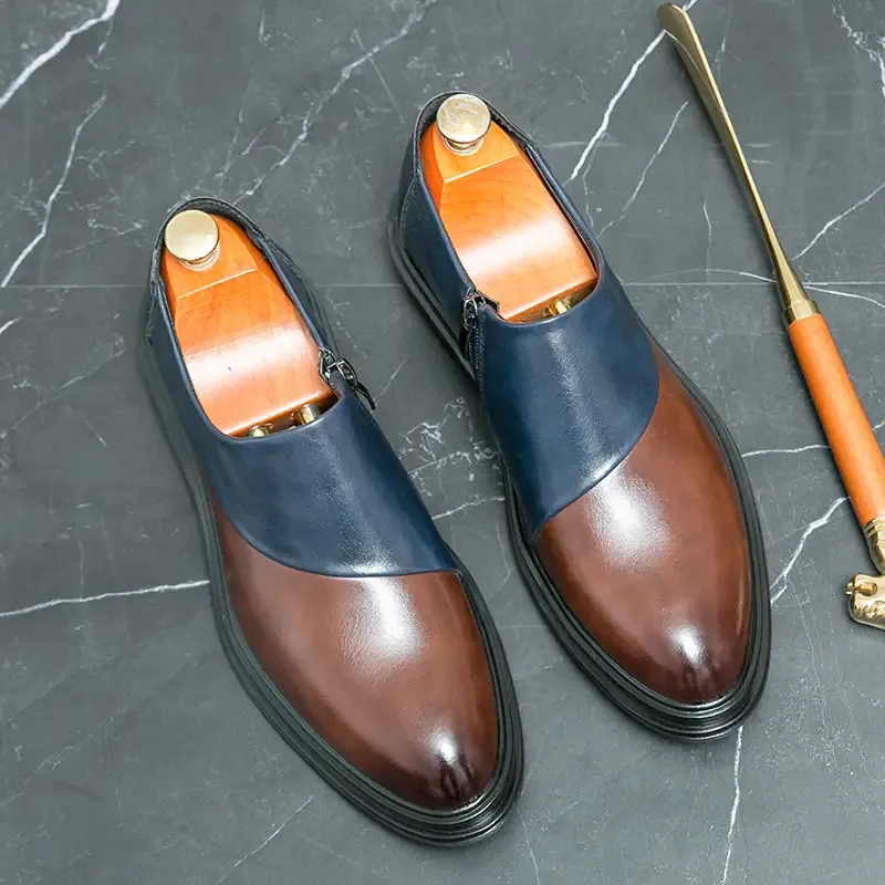 Men's Block Color PU Leather Loafers, Wear-resistant Anti-skid Dress Shoes With Side Zippers For Business Office
