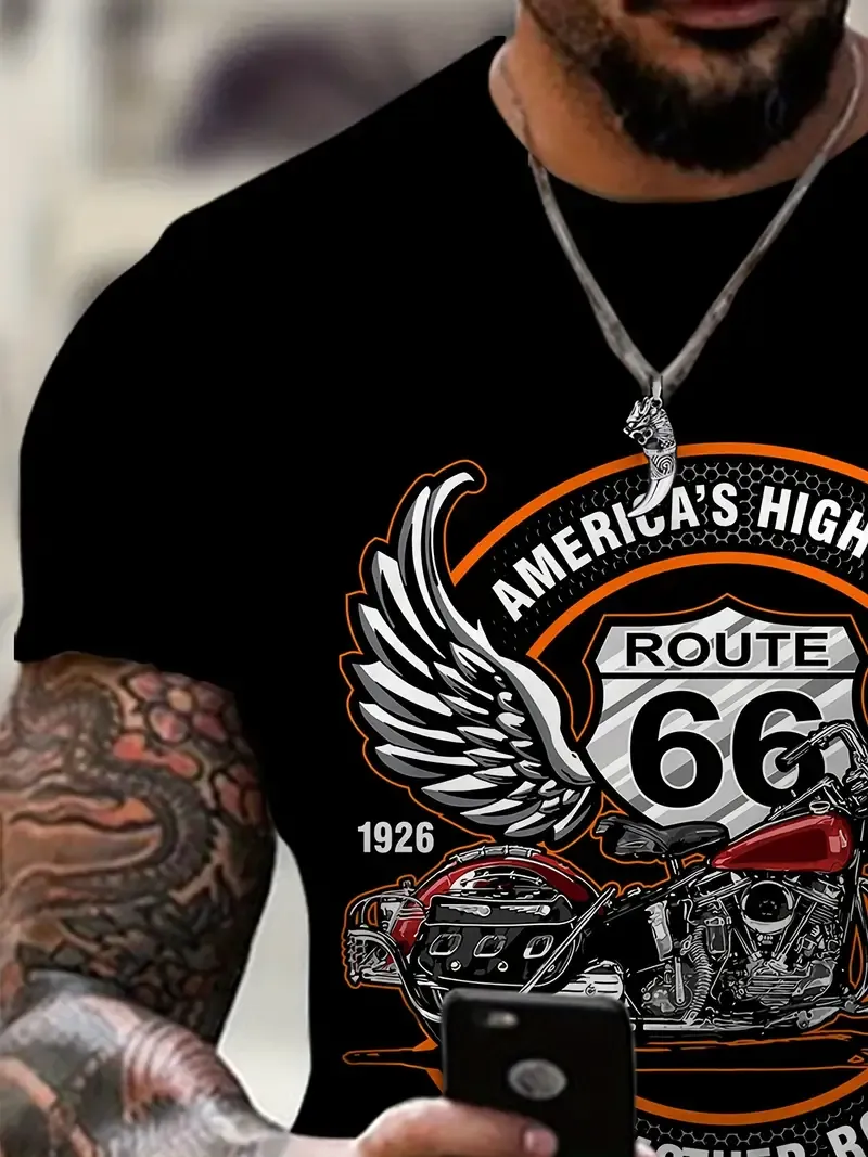 3D Route 66 Motorcycle Print Men's Trendy Color Block Short Sleeve Crew Neck T-shirt, Summer Outdoor