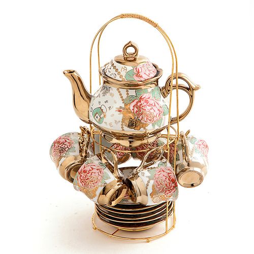 Deluxe Floral Ceramic Tea Set with Golden Stand - 13-Piece Hand-Painted Tea Service for 6, Includes Cups, Saucers, Spoons, Teapot - BPA Free, Hand Wash Only, Leak Proof, Insulated for Mother's Day, Thanksgiving, Elegant Gifting