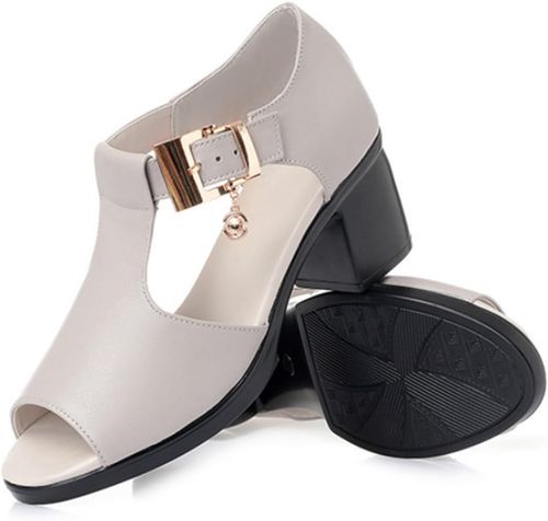 Women's Chunky Mid Heeled Sandals, Peep Toe Buckle Strap Outdoor Shoes, Versatile Summer Casual Sandals