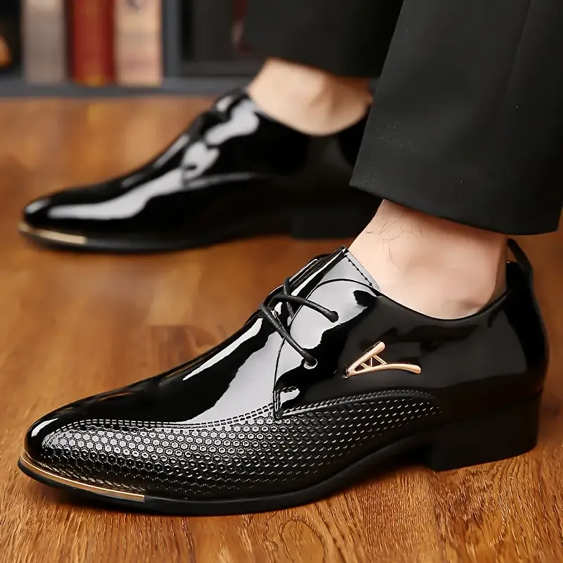 Plus Size Men's Solid Colour Plain Toe Faux Patent Leather Upper Dress Shoes, Comfy Non Slip Durable Rubber Sole Formal Shoes