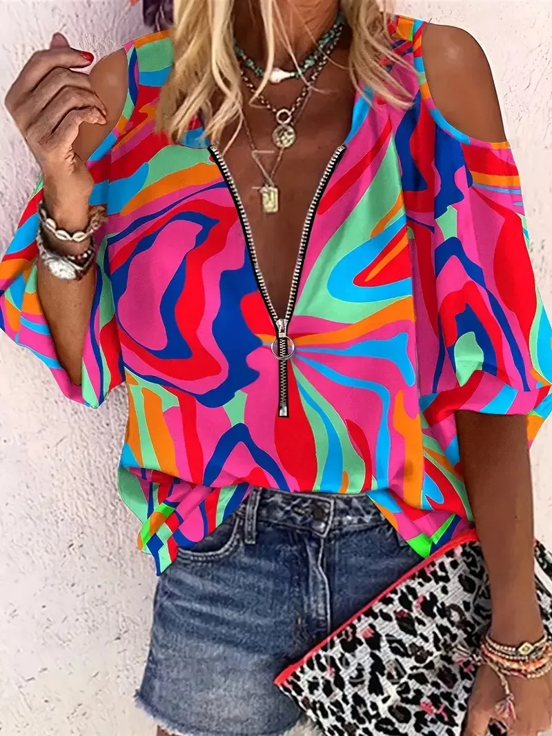 Abstract Print Half Zip Blouse, Casual Long Sleeve Blouse, Women's Clothing