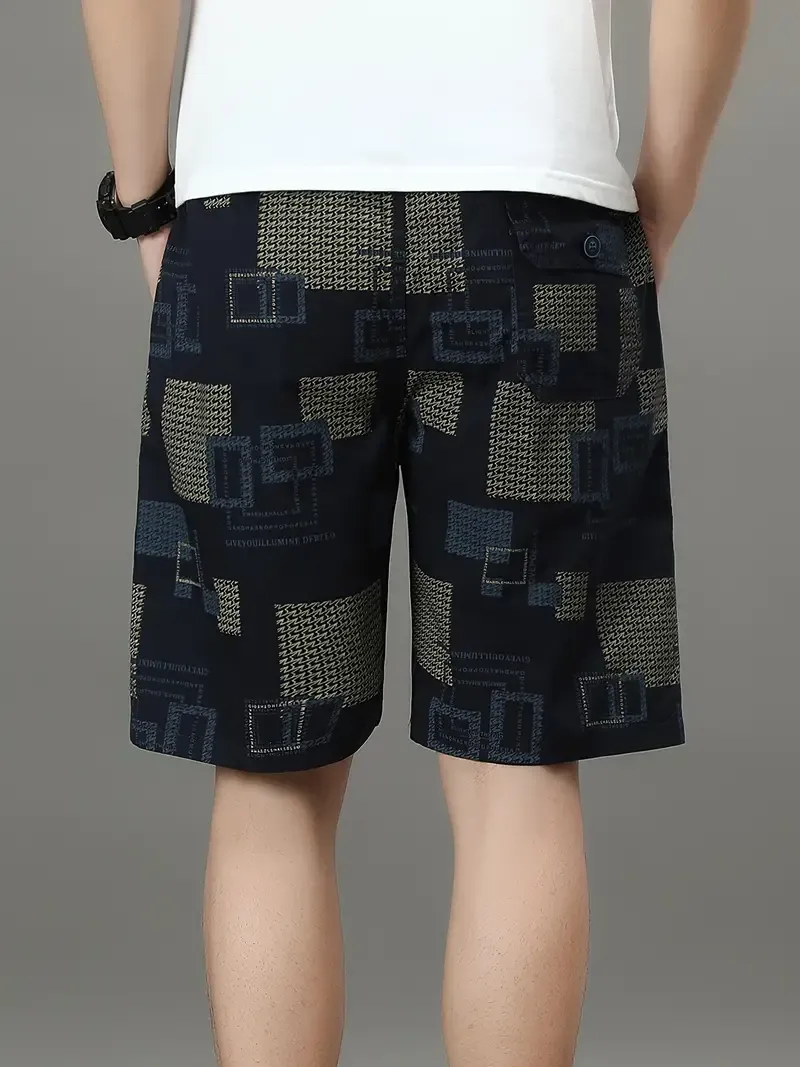 Men's 100% Cotton Geometric Graphic Print Shorts With Pockets, Stylish Shorts For Summer