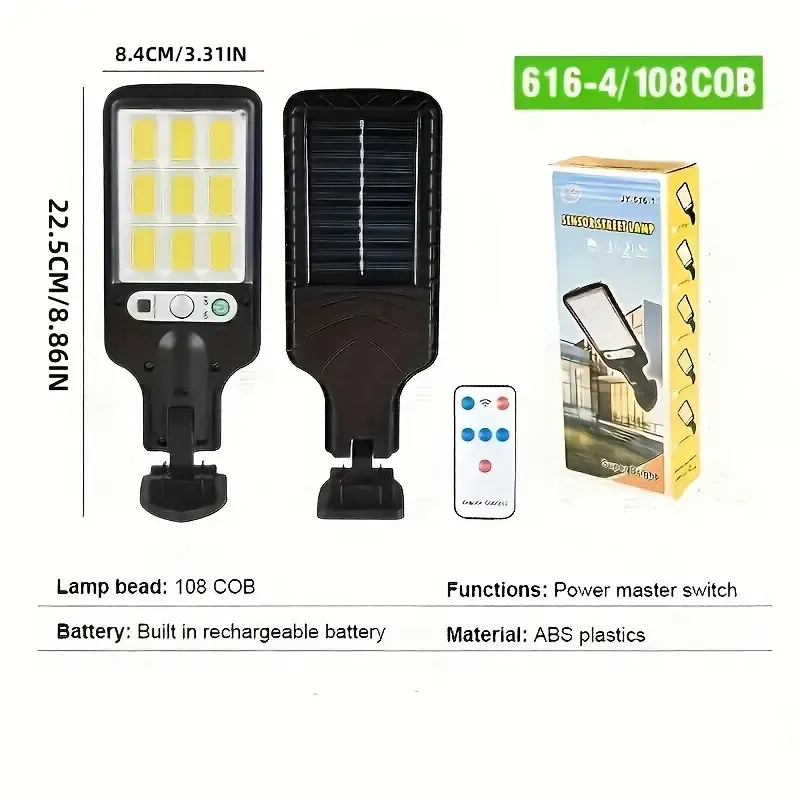 1pcs Outdoor Solar 108COB Sensor Street Lamp, Human Induction Light with Remote Control, IP65 Waterproof 3 Light Modes, Security Light, for Garden Patio Path Exterior Wall Porch Street Lighting